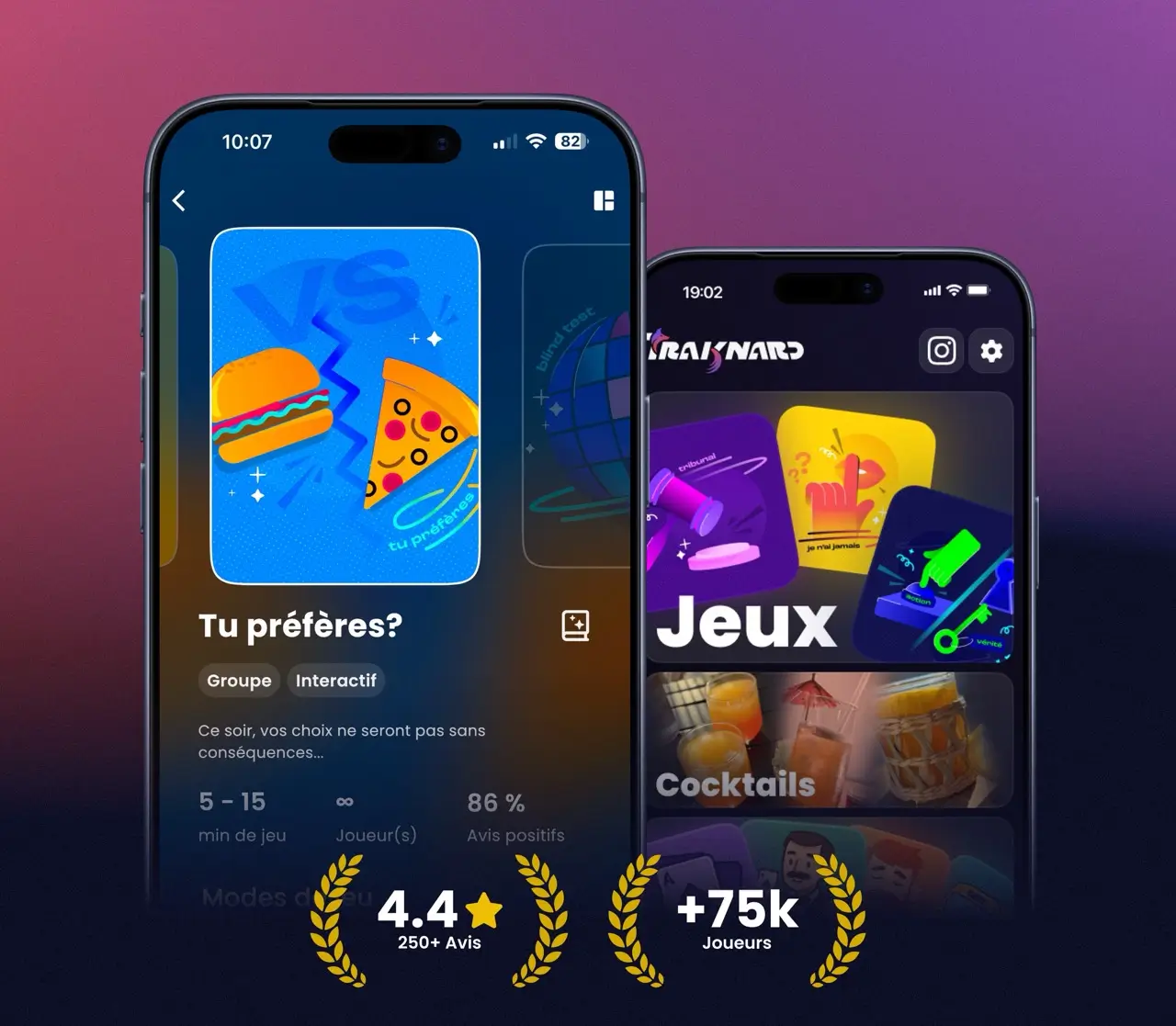 L'application Traknard sur iPhone : la fiche du jeu Action ou Vérités et l'écran de sélection des jeux